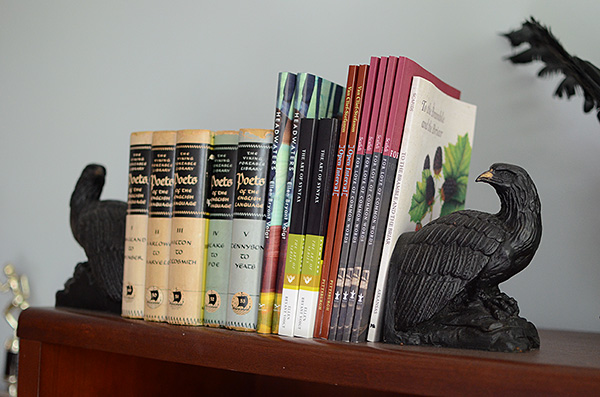 Closer view of books on top of bookshelf with resting eagle bookends
