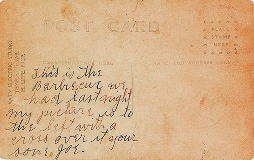Message on the back of a postcard that pictured the lynching of Jesse Washington.