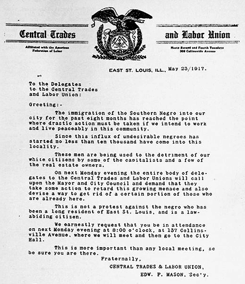 Letter by Edward P. Mason calling on the Mayor and City Council of East St. Louis  to take action against the "growing menace" of African-American laborers.
