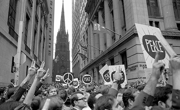 Anti-Vietnam Rally on Wall Street with Trinity Church in background, 1960s