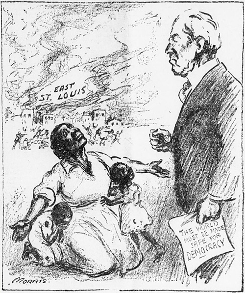 Editorial Cartoon picturing an African-American woman and her two children kneeling before Woodrow Wilson. East St. Louis burns behind her.