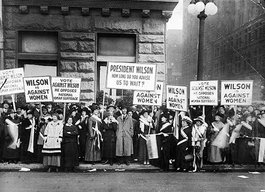 National Woman’s Party members demonstrating outside of President Wilson’s speech