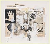HAND-ME-DOWN #8 (takenjinjhand), 1981, Pencil, acrylic  paint, ink, tape, cigarette ashes,
and pasted paper on paper, 21  x 24  inches
