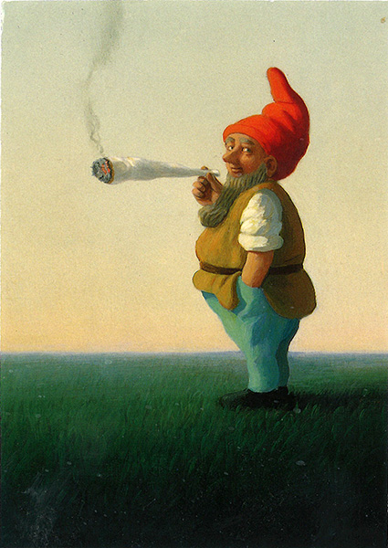 Red hatted gnome smoking an enormous joint, Michael Sowa, postcard, front