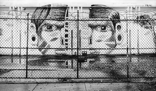 Photograph of street art through chain-link fence.