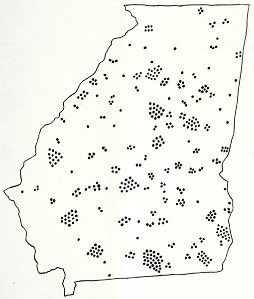 Map indicating locations and clusters of lynchings by representing each death with a black dot.