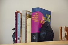 Poetry books and a bible between crow bookends.