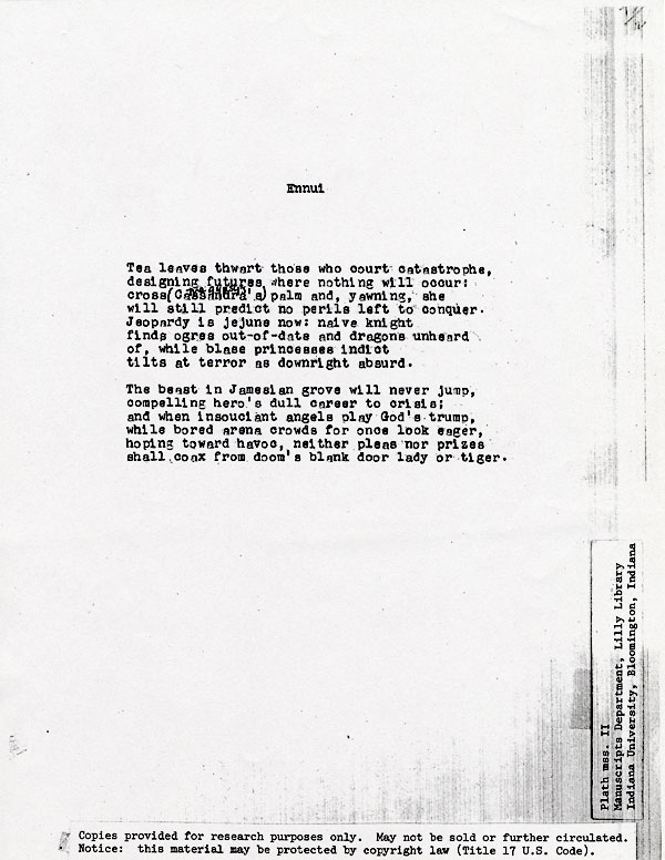 Facsimile of Sylvia Plath's Ennui, earlier draft