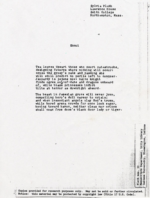 Facsimile typescript of Sylvia Plath's Ennui, final draft