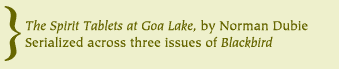 The Spirit Tablets at Goa Lake, by Norman Dubie.  Serialized across three issues of Blackbird