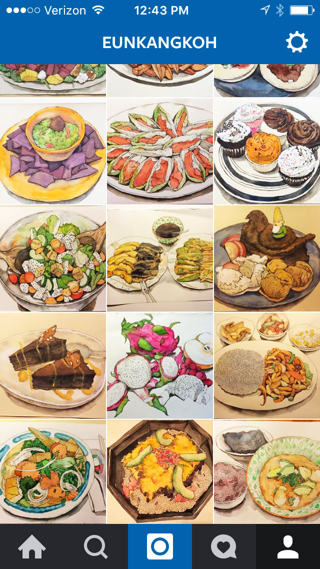 A screenshot of several gouache paintings of artfully arranged foods on Eunkang Koh's Instagram page.