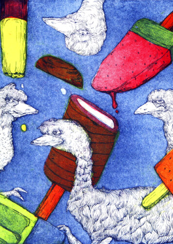 A copperplate etching featuring anthropomorphic emu mingling with colorful ice pops. The background is blue aquatint and the ice pops are colored with collagraph.