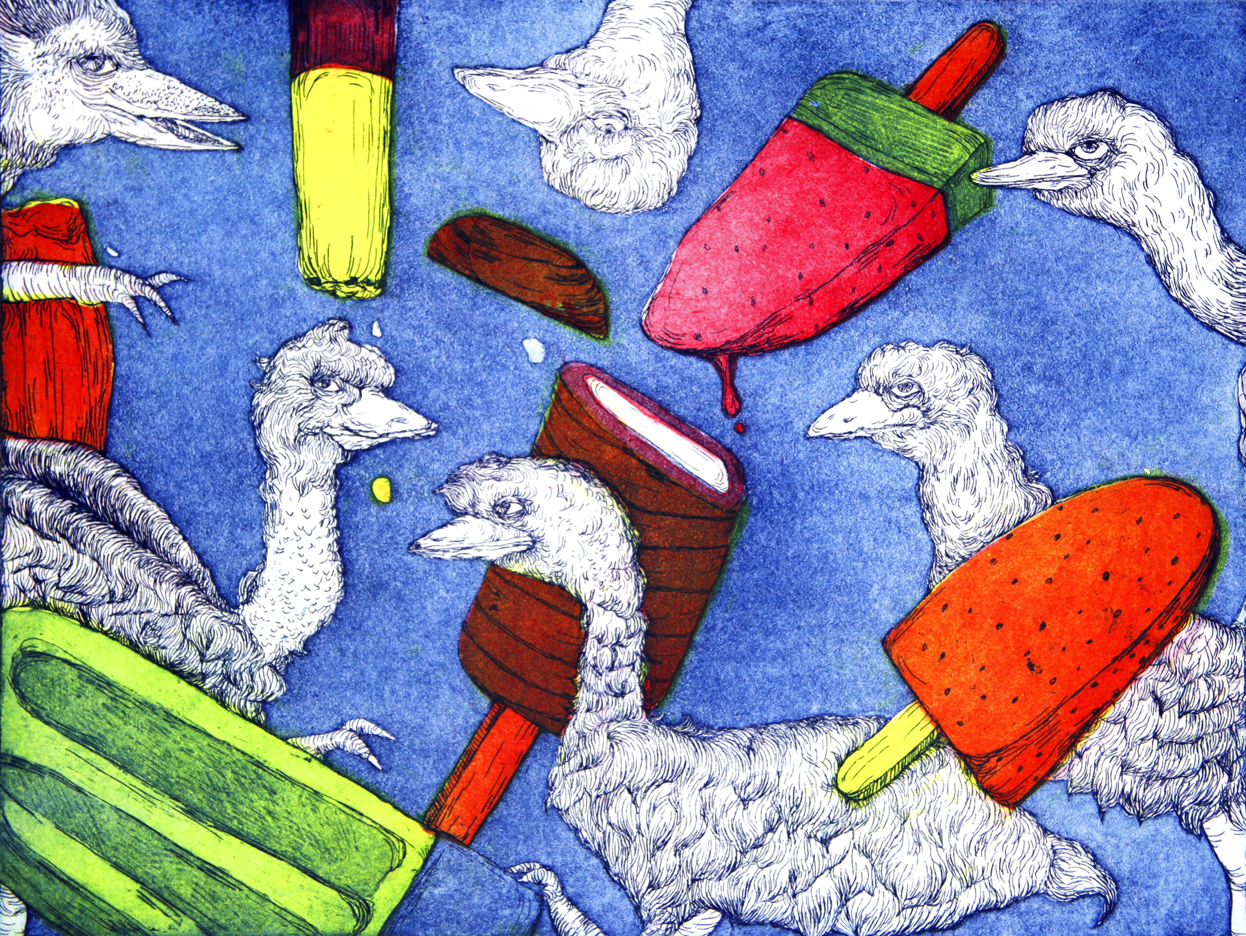 A copperplate etching featuring anthropomorphic emu mingling with colorful ice pops. The background is blue aquatint and the ice pops are colored with collagraph.