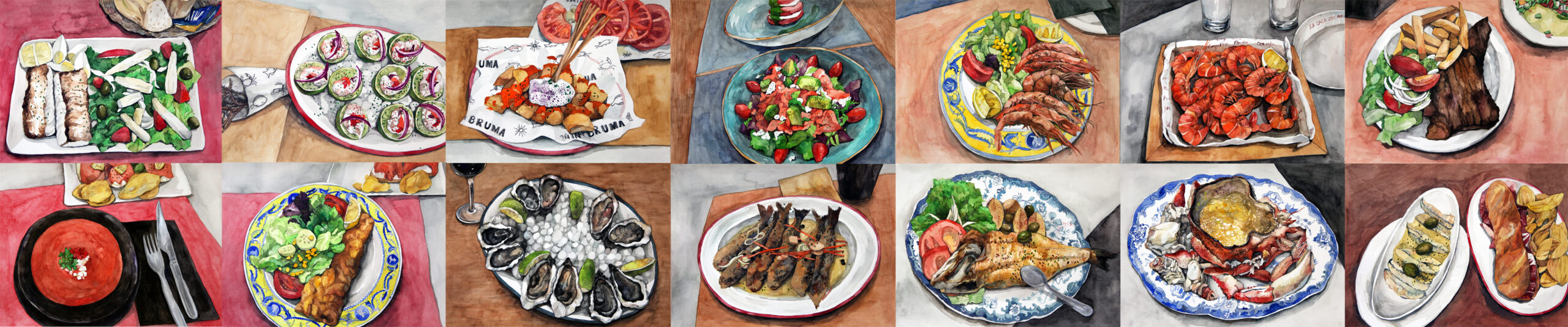 A colrful series of fourteen different gouache paintings of artfully plated meals, each based on a meal eaten while the artist was in residency in Spain in 2018.