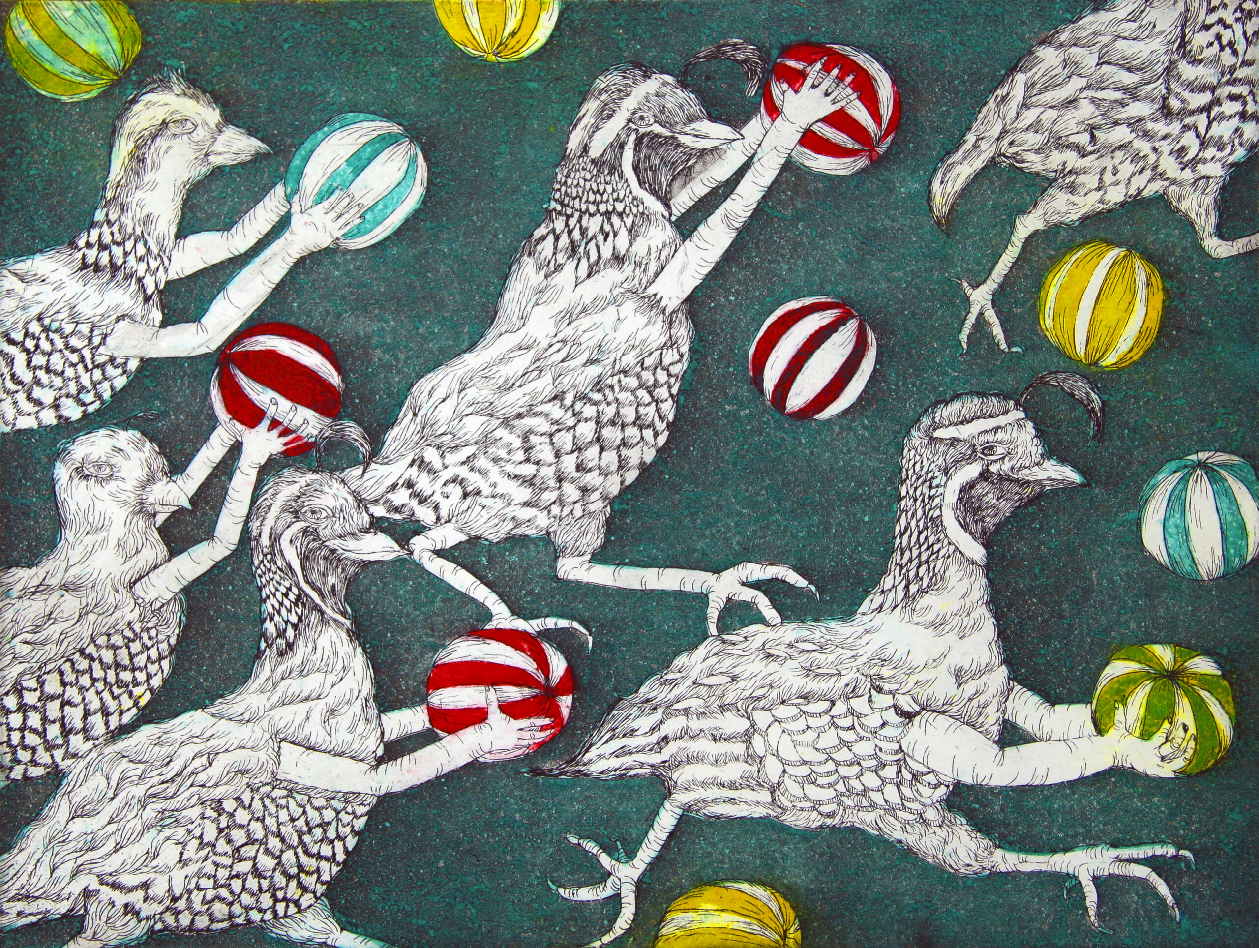 A copperplate etching featuring anthropomorphic quails running with colorfully striped beachballs on a teal background. The background is colored by aquatint and the beachball stripes are colored with chine-colle.