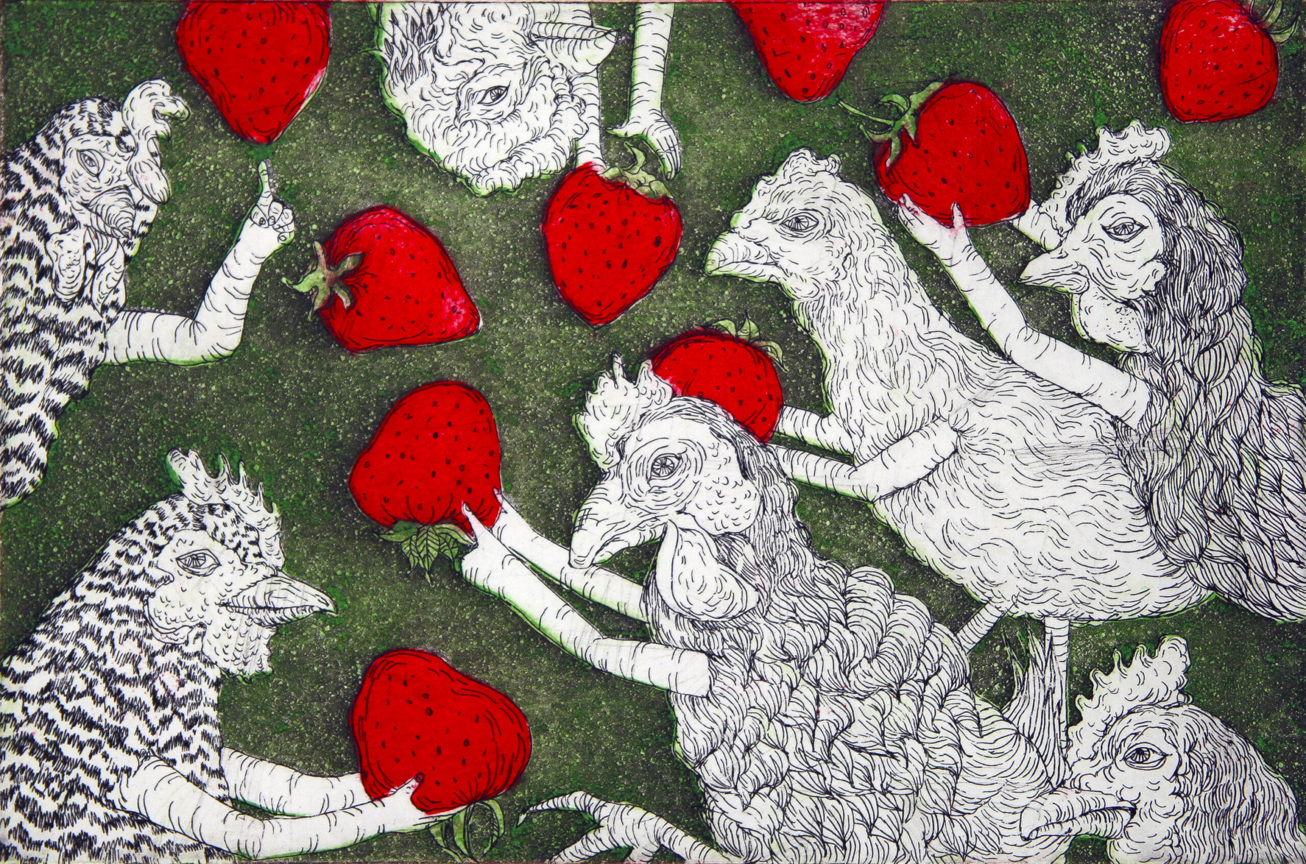 A copperplate etching of anthropomorphic chickens running around with strawberries. The background is a forest green aquatint and the strawberries are colored red with collagraph.