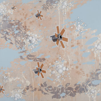 A square print featuring bubbles, the shadows of leaves, and five sattelites flying in formation.