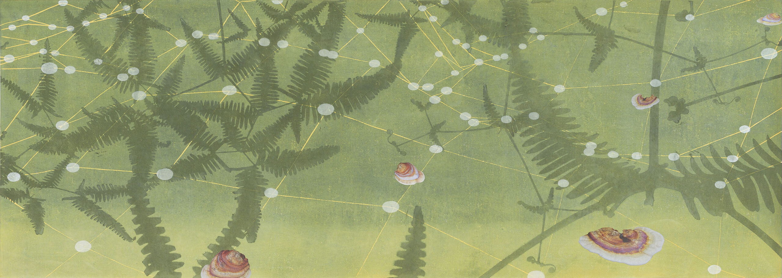 A soft green print featuring fern fronds, red mushrooms, and white dots connected with yellow lines.