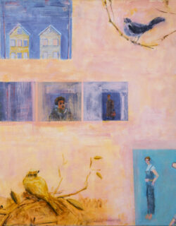 Square oil painting in pastel shades. A peach and pink background featuring two birds, one nesting and the other on a tree branch, overlayed by a small blue square featuring two row houses, three blue squares featuring images of people, and a turquois square featuring three poses of the same person in overalls.