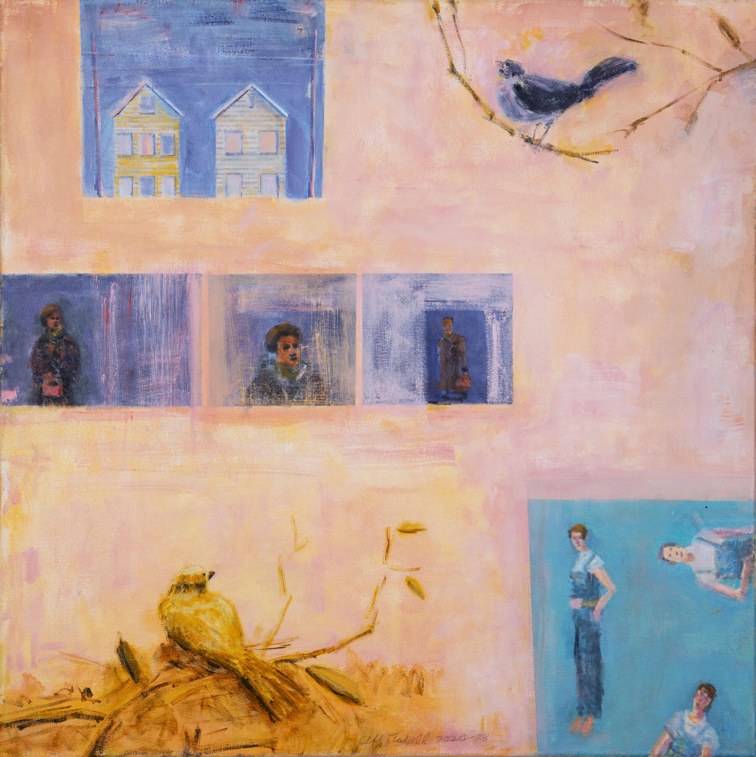 Square oil painting in pastel shades. A peach and pink background featuring two birds, one nesting and the other on a tree branch, overlayed by a small blue square featuring two row houses, three blue squares featuring images of people, and a turquois square featuring three poses of the same person in overalls.