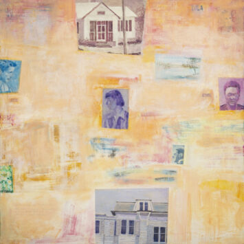 Square oil painting in pastel shades. A peach and orange background featuring blue and green smudges overlayed by a small purple portrait of a woman looking over her shoulder, a small pink portrait of a man, a small turquois portrait of a man, a small gray portrait of a man, a gray close-up image of a house with shuttered windows, and a sepia colored image of a small house.