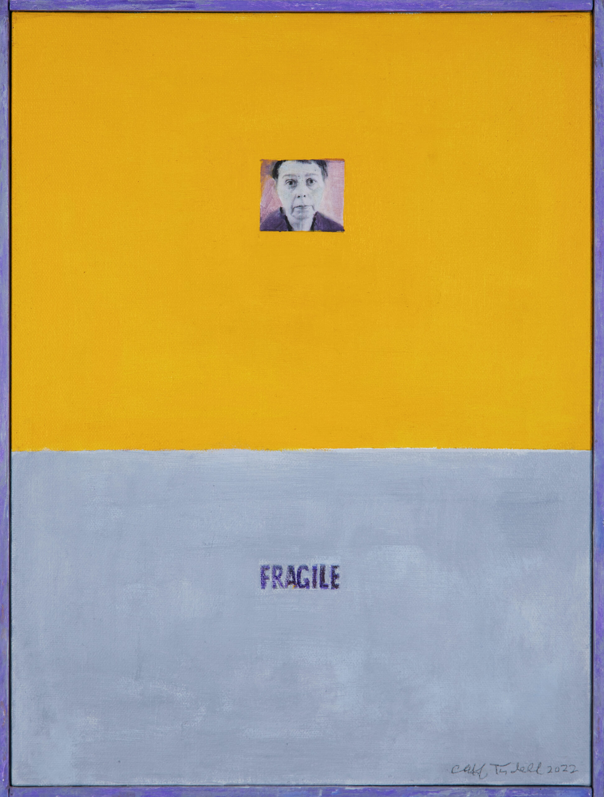 Two painted rectangles, one on top of the other, bordered by a purple wood frame. The top rectangle is bright orange and is overlayed with a small close-up photographic image of Carson McCullers. The bottom rectangle is gray and is overlayed with the word "fragile" in purple paint.