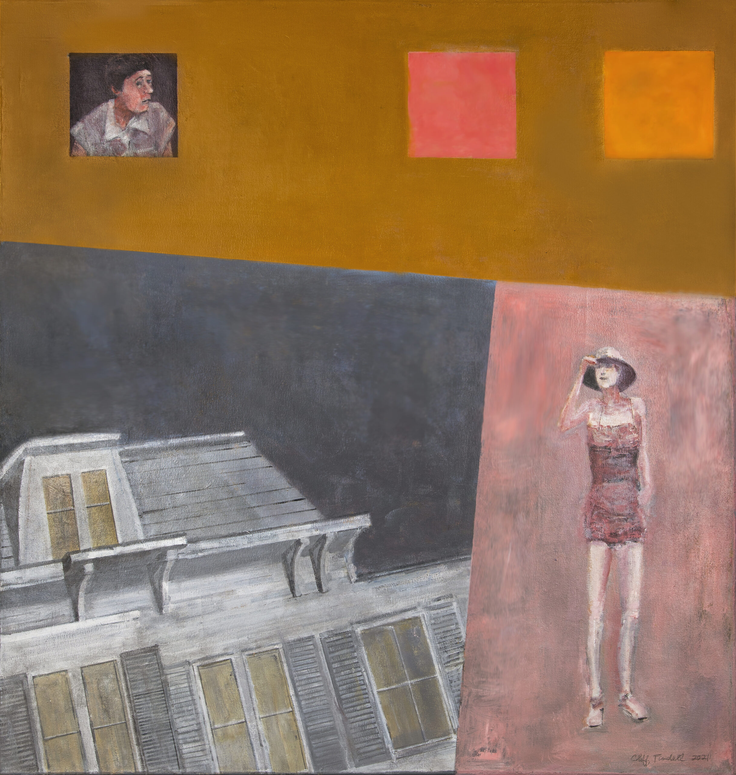 A square painting split into three sections. On top is a tan background overlayed by three squares. The first features a person looking to their left. The second is a deep orange color, and the third is a lighter orange color. The bottom lefthand section features a close up of windows on a white house before a dark sky. The final section in the bottom righthand side features a full body image of a woman painted in deep pink tones.