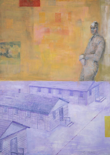 A rectangular painting broken into two sections. In the top section is a vague image of a soldier leaning against a wall, painted in shades of orange and red. The bottom section features a row of three barracks painted in shades of purple.