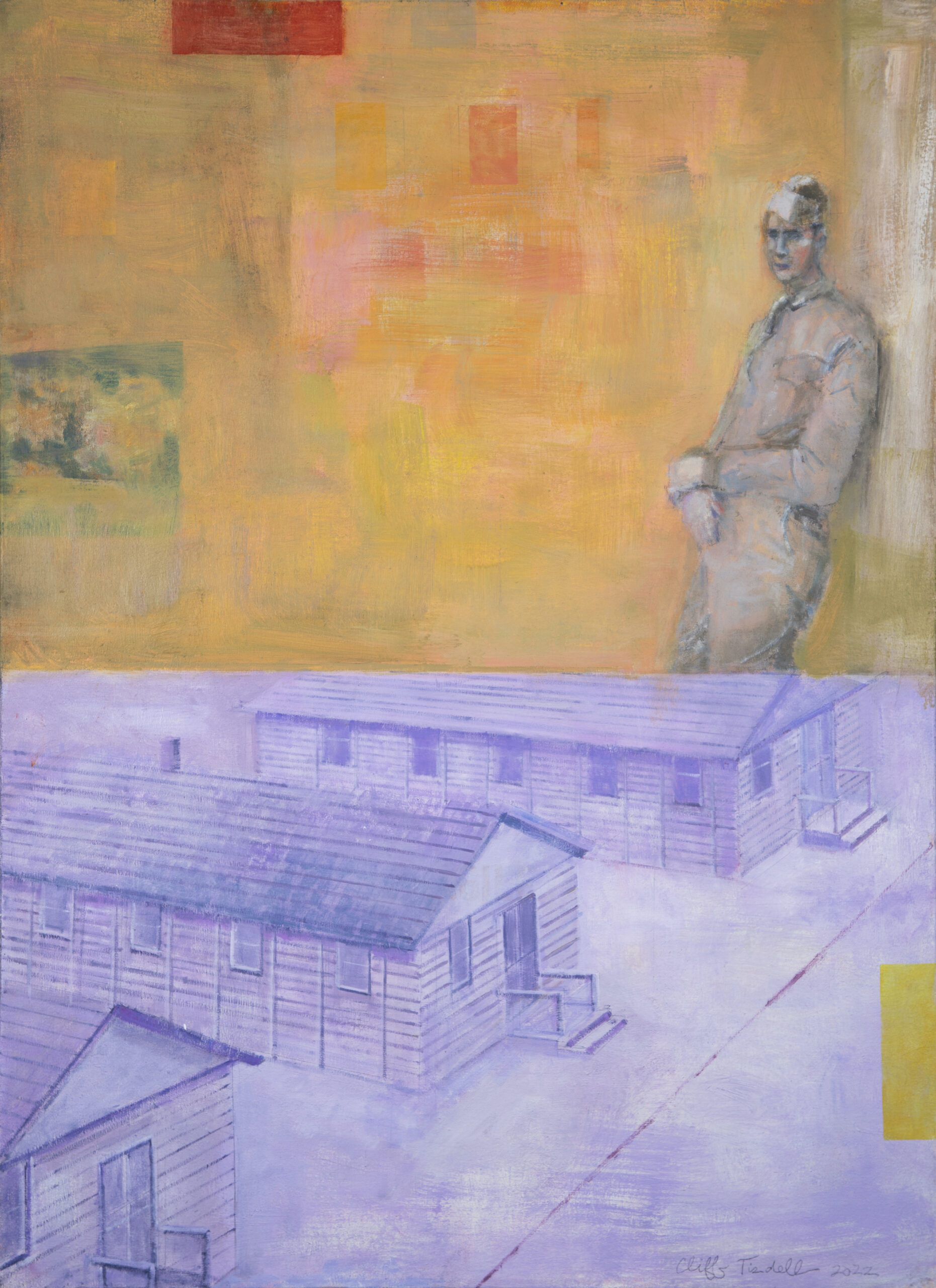 A rectangular painting broken into two sections. In the top section is a vague image of a soldier leaning against a wall, painted in shades of orange and red. The bottom section features a row of three barracks painted in shades of purple.