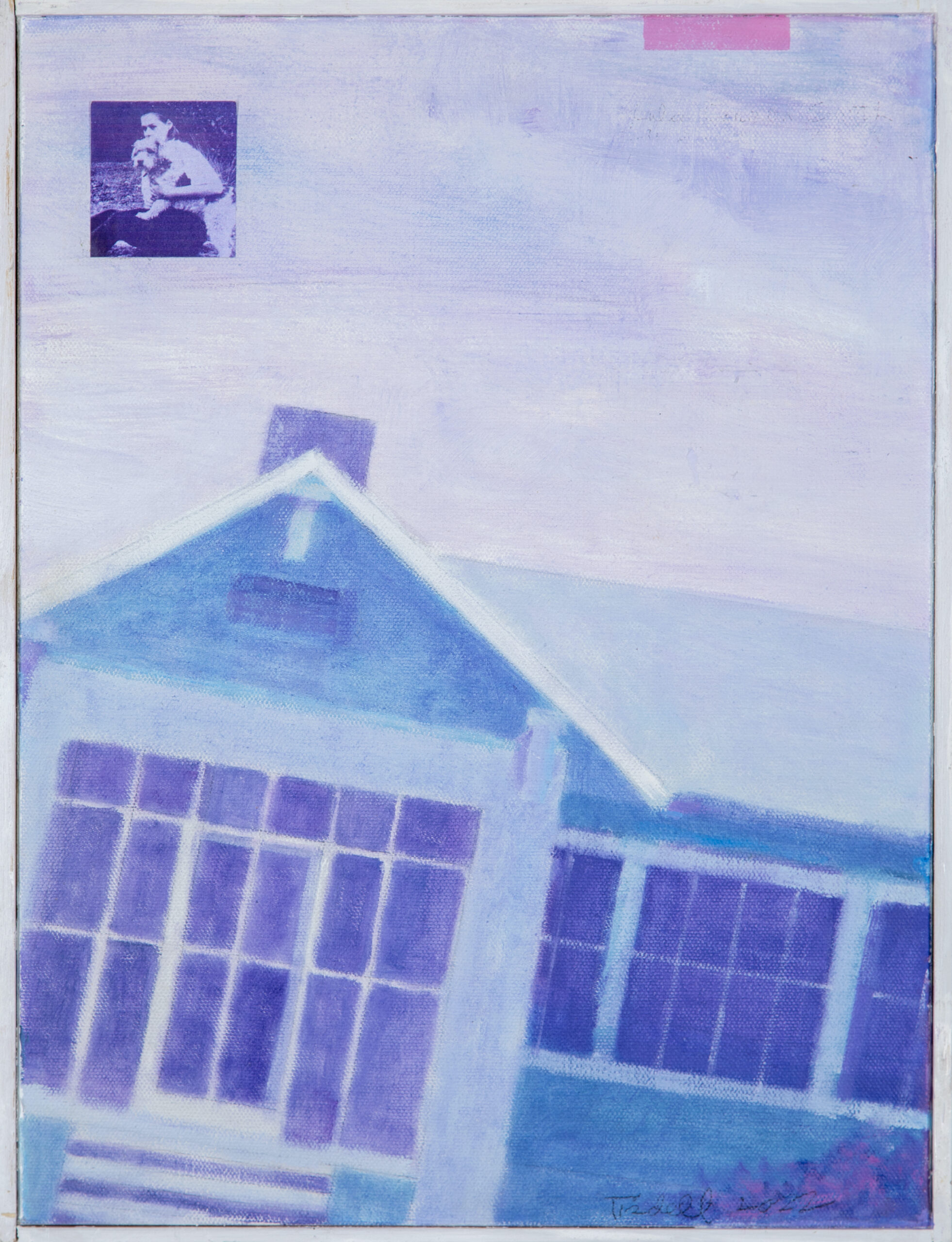 A rectangular painting with portrait orientation in shades of blue and purple. The main painting features an up-close image of a house with many windows. In the upper lefthand quadrant, there is a small photographic image in shades of violet featuring a person holding a dog. There is a small pink rectangle at the top of the painting.