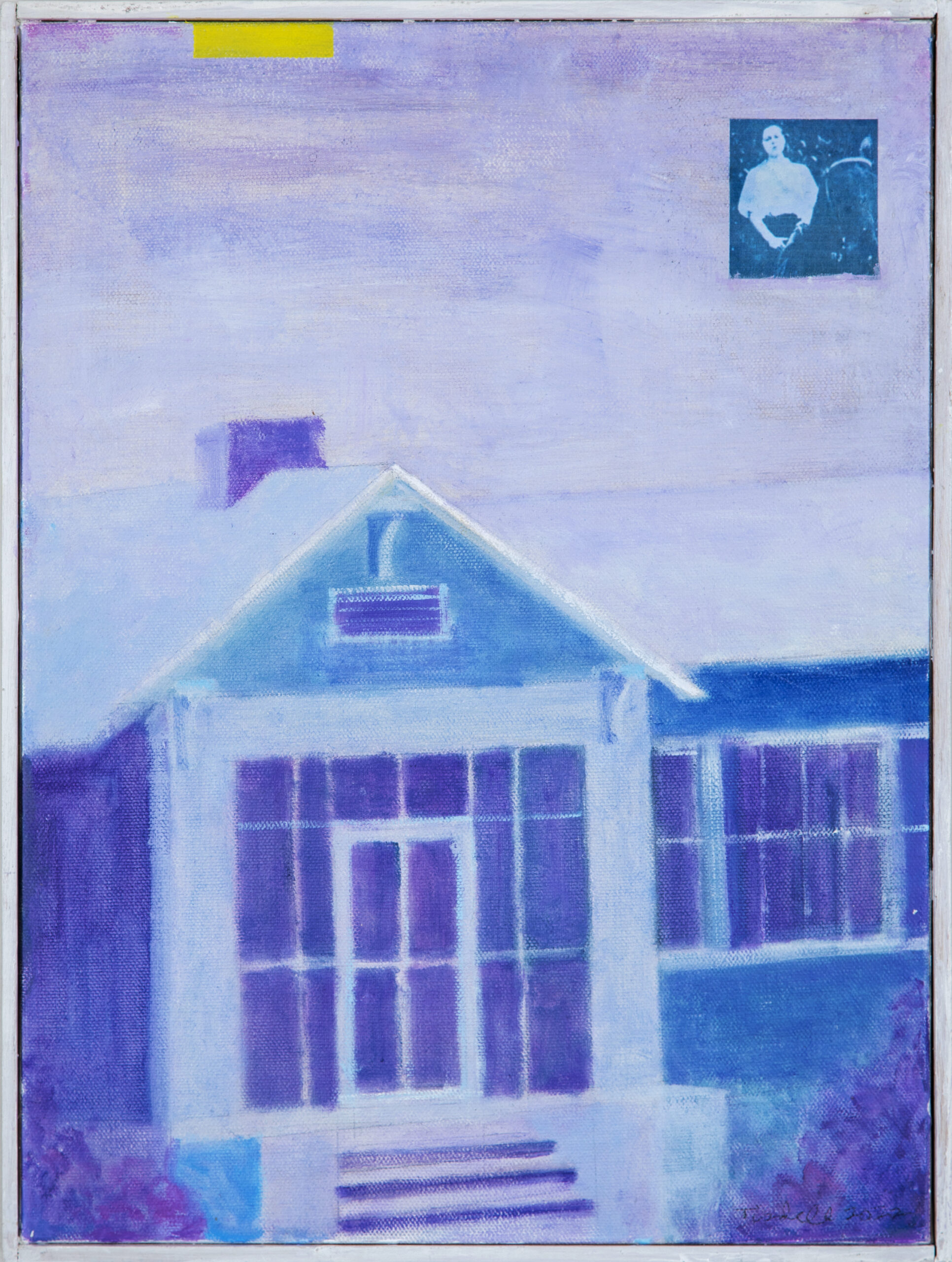 A rectangular painting with portrait orientation in shades of blue and purple. The main painting features an up-close image of a house with many windows. In the upper right quadrant, there is a small photographic image in shades of turquoise featuring a person on horseback. There is a small yellow rectangle at the top of the painting.