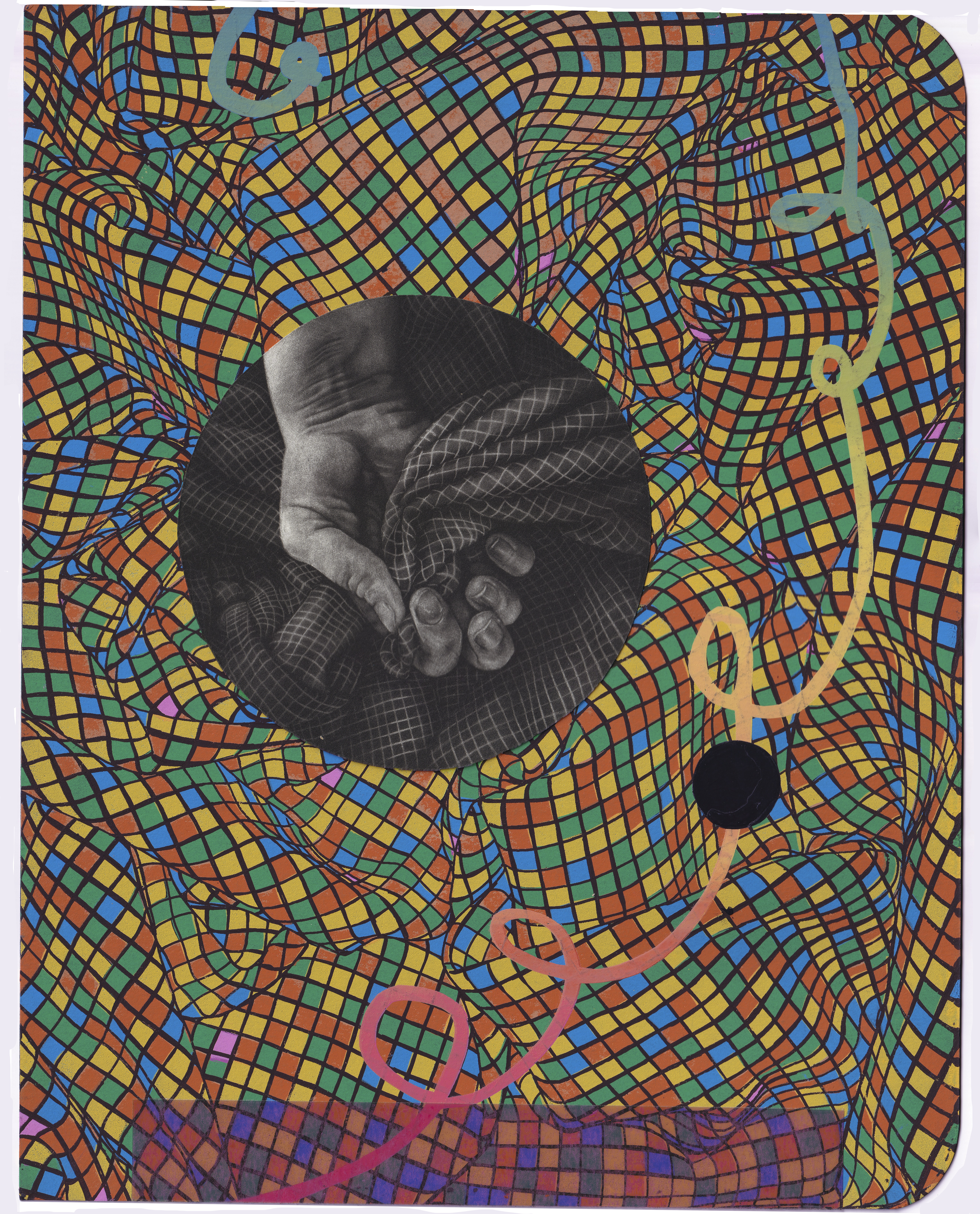 A circular mezzotinted image of a hand grabbing checked fabric overlayed on a screenprinted image of colorful, checked, bunched up fabric.
