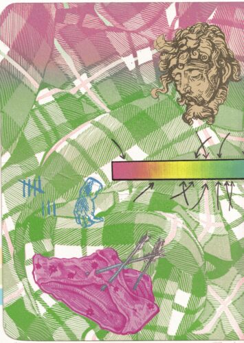 A relief and screenprinted image of St. Sebastian's head overlaying textured plaid fabric. There is also an image of women's panties and a color scale. Pink and green hues dominate the composition.