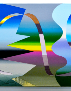 An abstract painting of gradated colors and patterns.