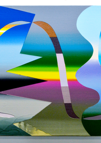 An abstract painting of gradated colors and patterns.