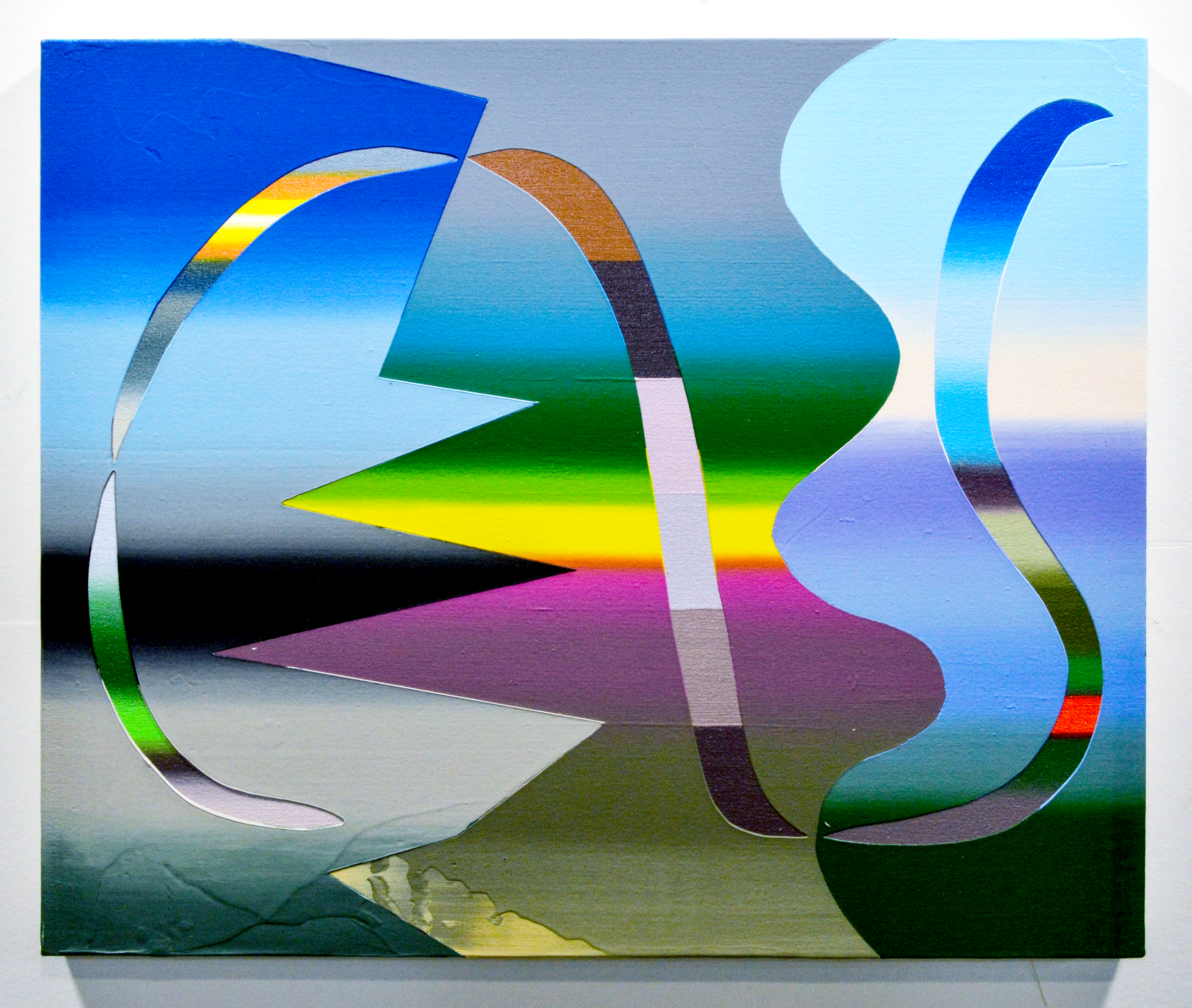 An abstract painting of gradated colors and patterns.