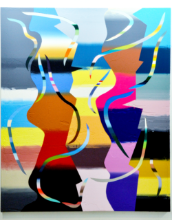 An abstract painting of gradated colors and patterns.