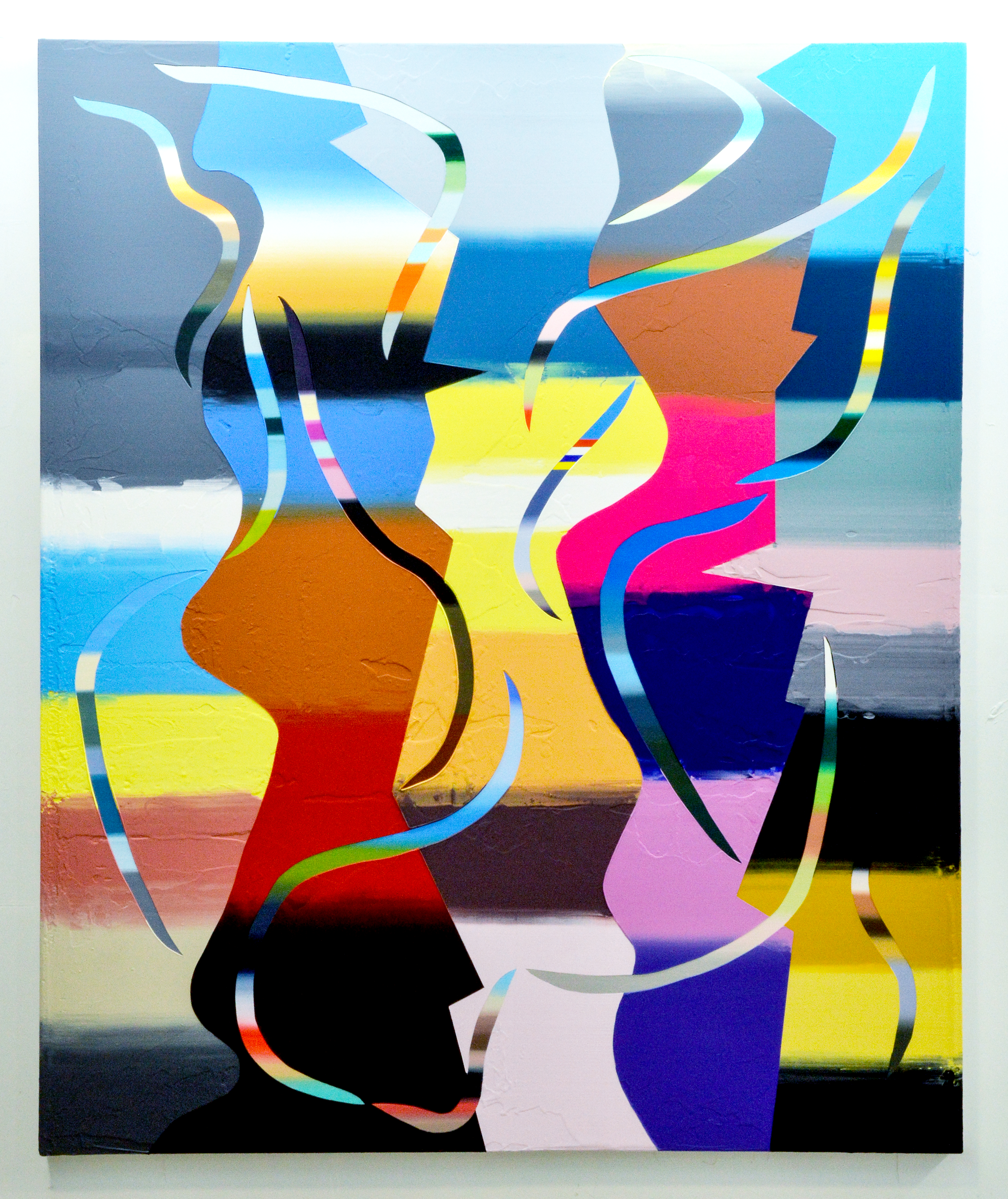 An abstract painting of gradated colors and patterns.