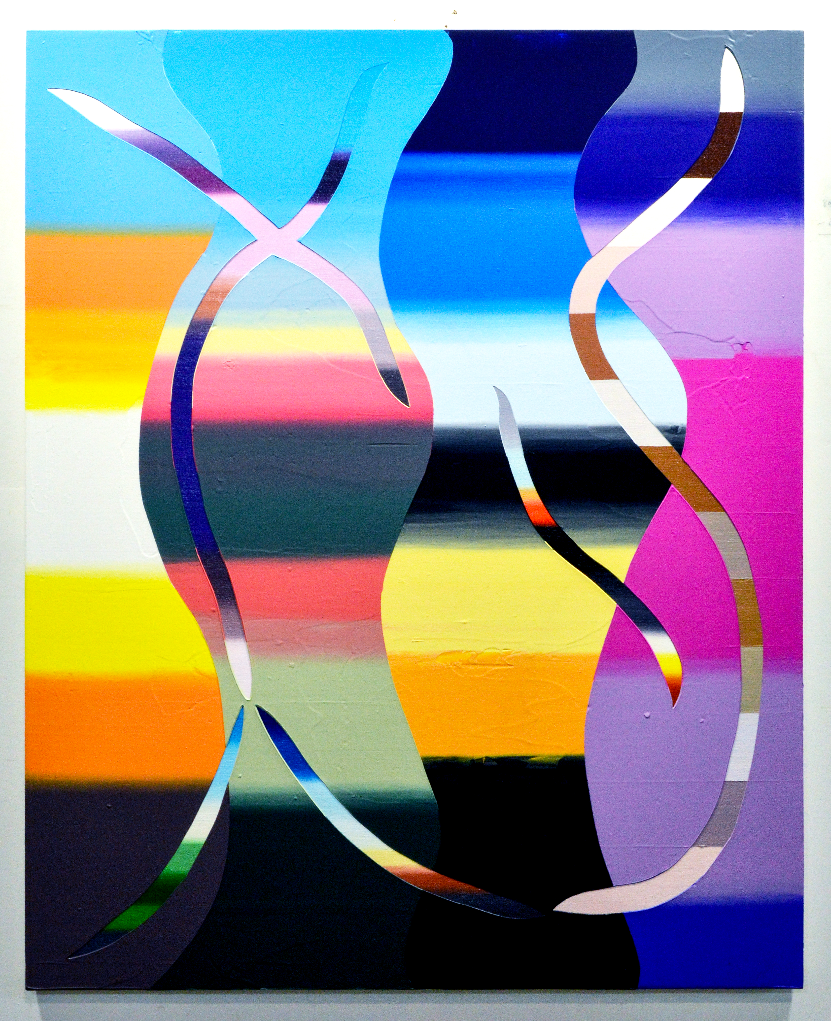 An abstract painting of gradated colors and patterns.
