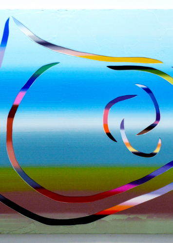 An abstract painting of gradated colors and patterns.
