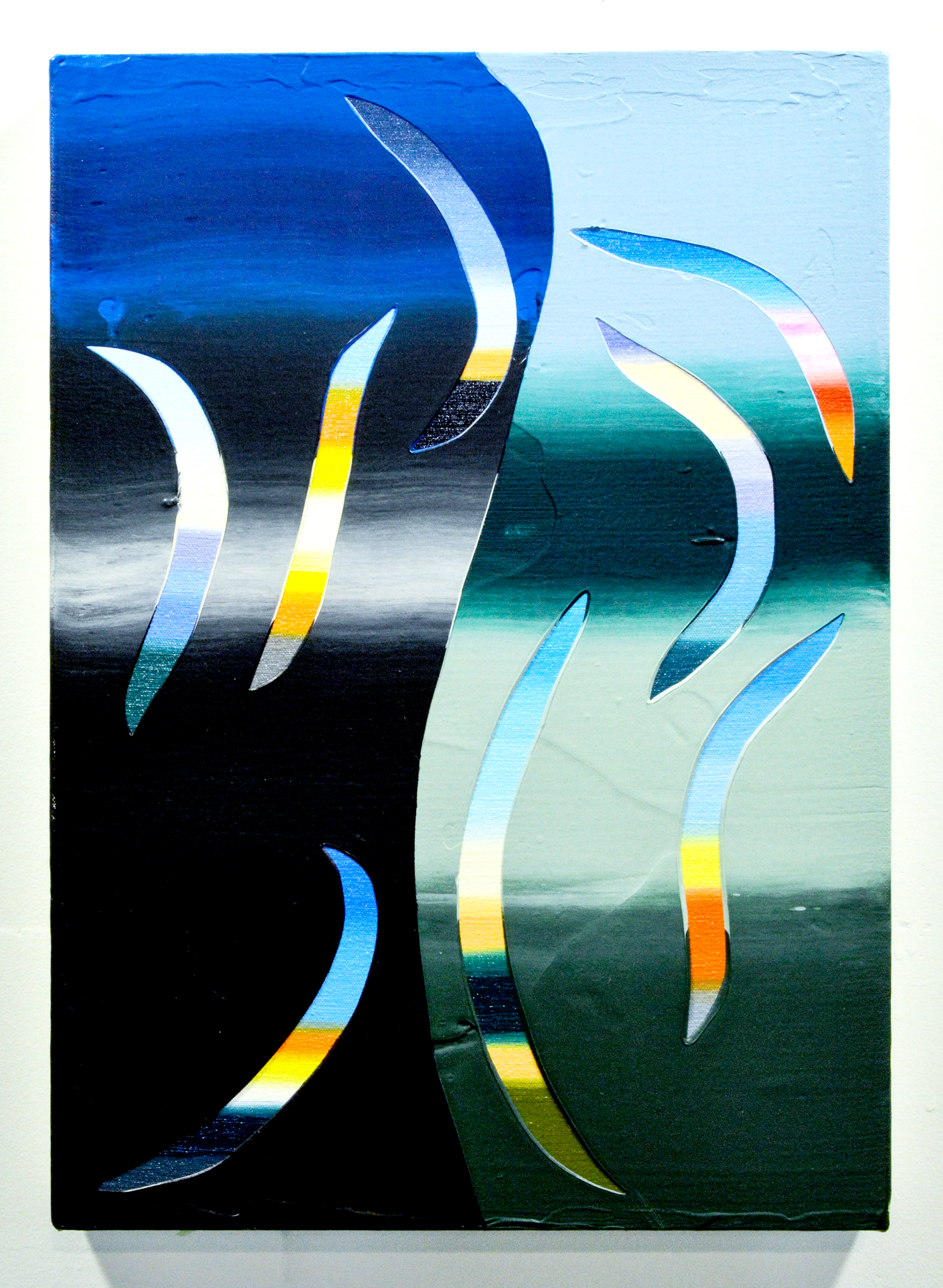 An abstract painting of gradated colors and patterns.