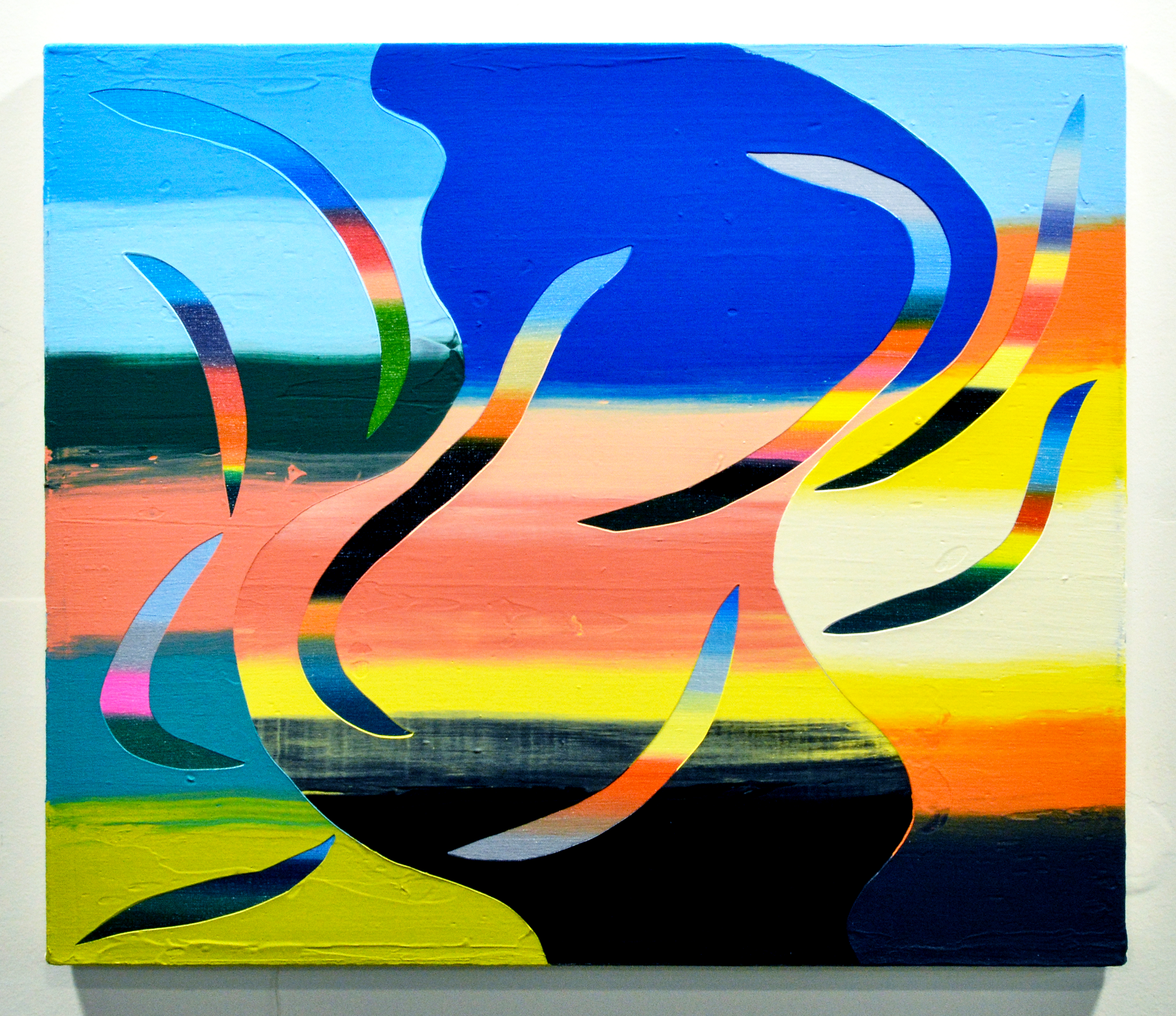 An abstract painting of gradated colors and patterns.