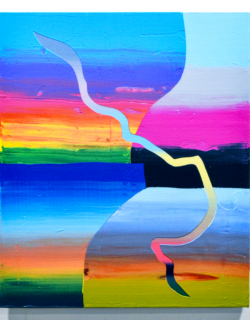 An abstract painting of gradated colors and patterns.