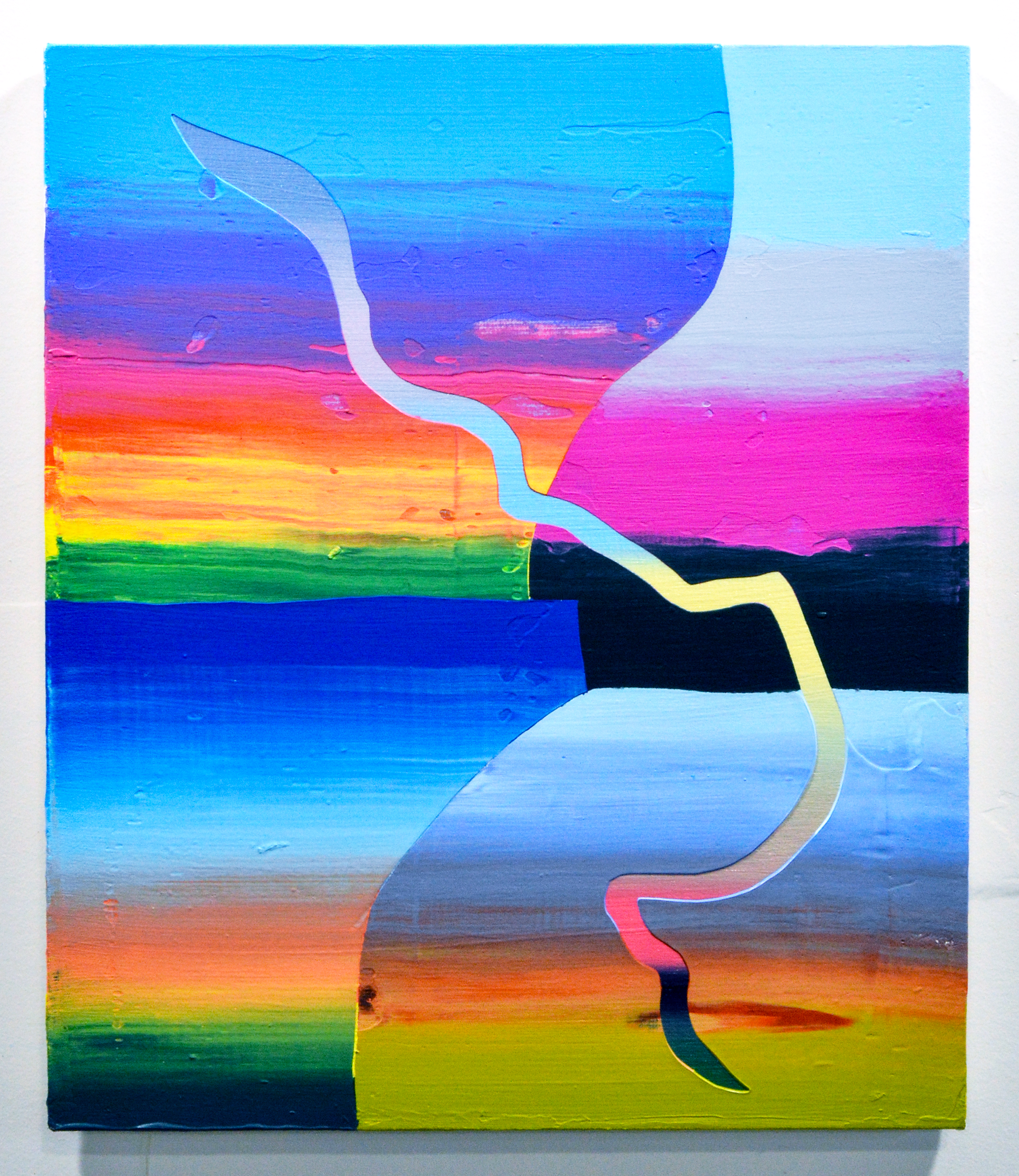 An abstract painting of gradated colors and patterns.