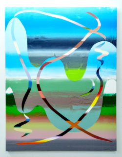 An abstract painting of gradated colors and patterns.