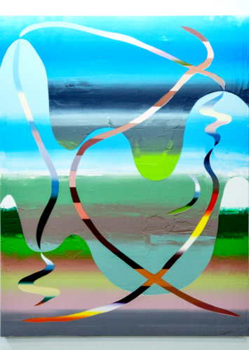 An abstract painting of gradated colors and patterns.