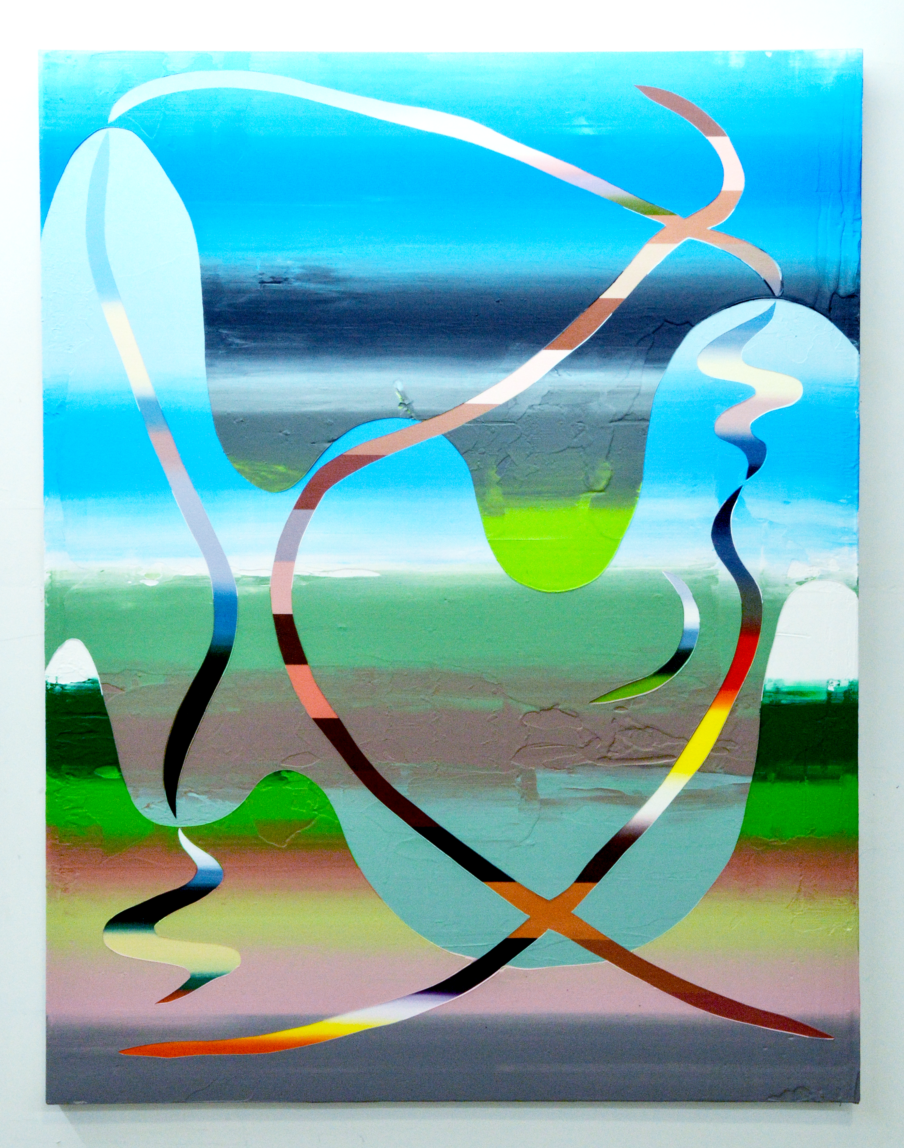 An abstract painting of gradated colors and patterns.