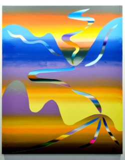 An abstract painting of gradated colors and patterns.