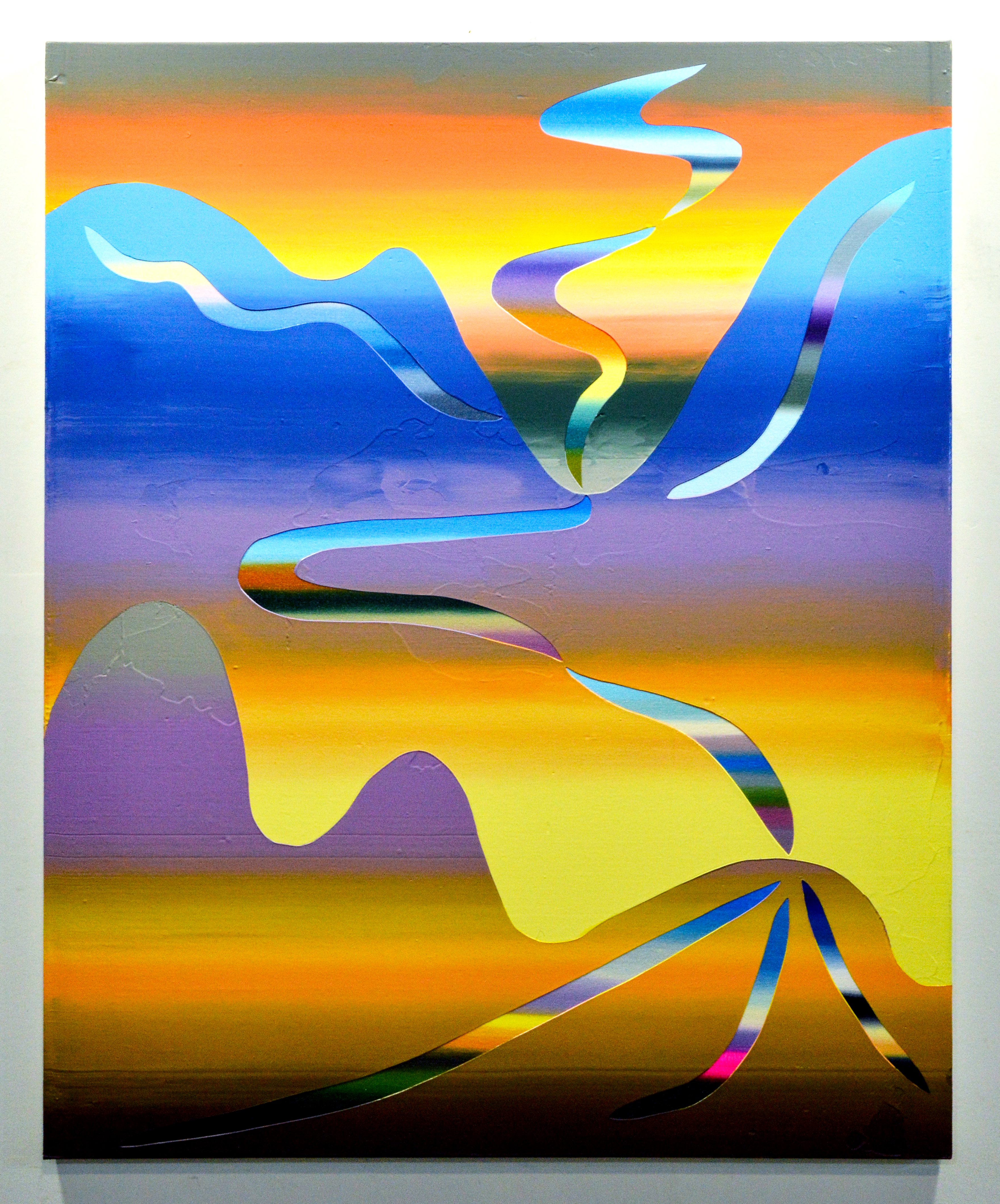 An abstract painting of gradated colors and patterns.