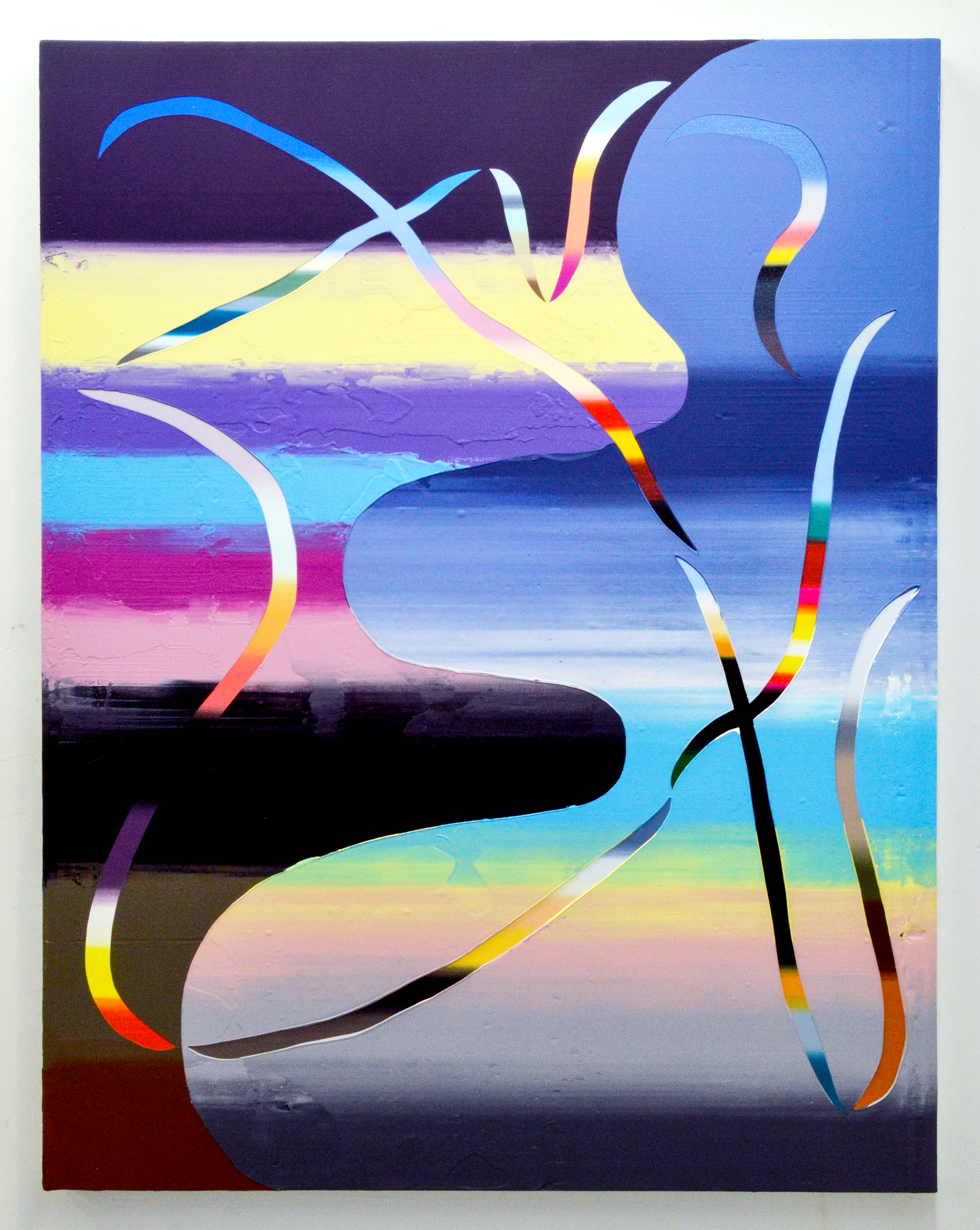 An abstract painting of gradated colors and patterns.